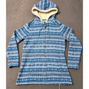 LL Bean Fair Isle Fleece Lined Zip Up Hoodie Jacket Blue White Womens M Nordic